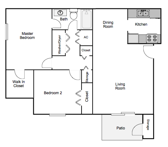 Floor plan for 2 beds, 1 bath, 950 sqft